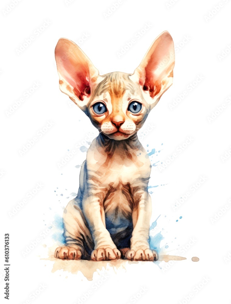 Watercolor cartoon illustration of a cute Sphynx kitten on white background. Generative AI.
