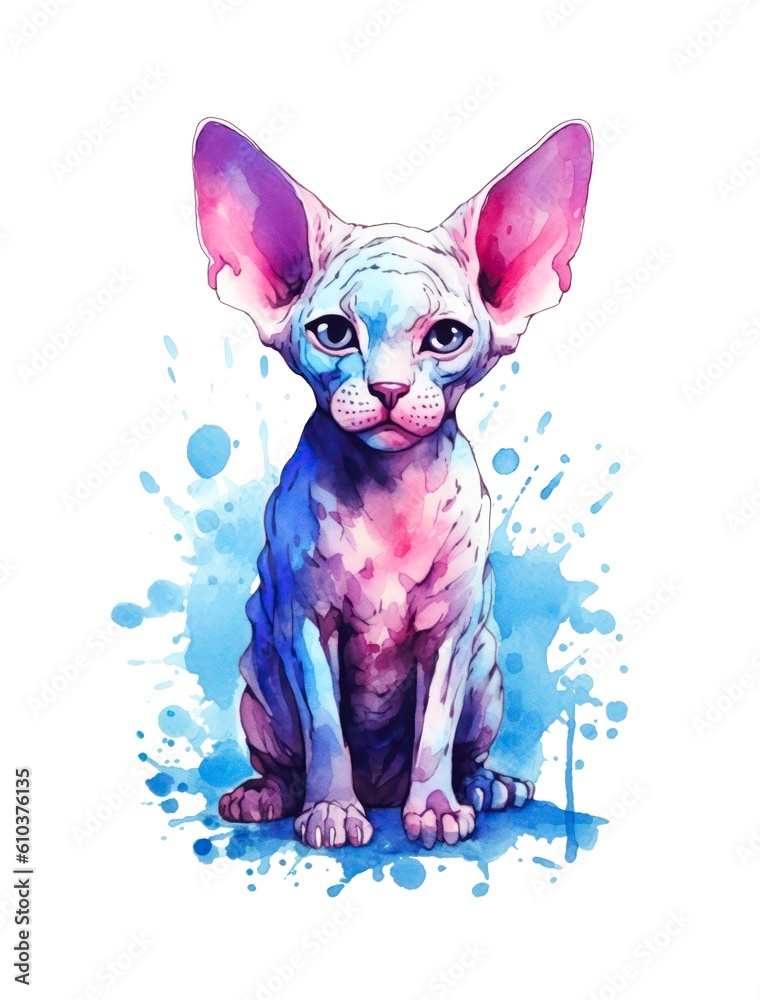 Watercolor cartoon illustration of a cute Sphynx cat on white background. Generative AI.
