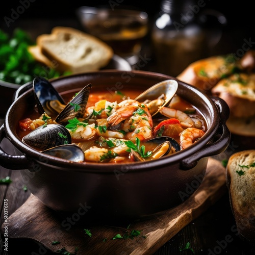 A rustic and flavorful seafood stew Cioppino. photo