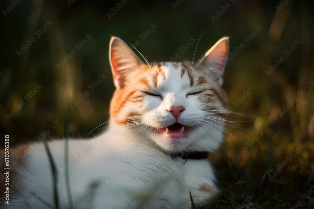 Funny cat laughing. Happy and kind relaxed kitten face with happy satisfied smile. Generated AI. Funny cat laughing. Happy and kind relaxed kitten face with happy satisfied smile. Generated AI.