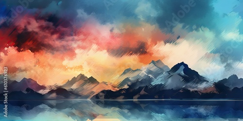 AI Generated. AI Generative. Vintage water color pattete drawing landscape mountain sky outdoor. Graphic Art