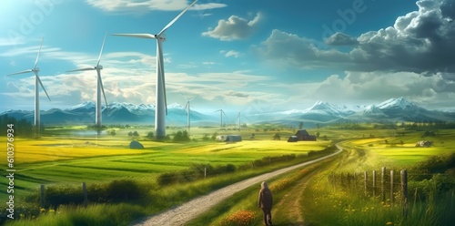 Solar and wind turbines in an urban and green field