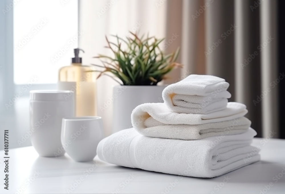 White clean towels on table in bathroom, generative ai