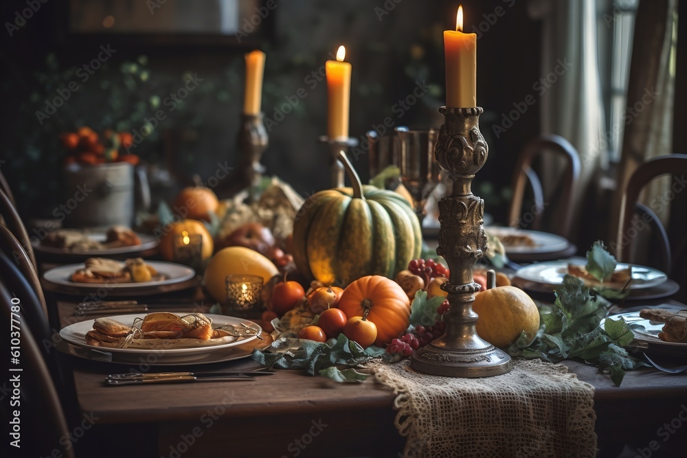 Thanksgiving table setting, autumn dinner, generative ai