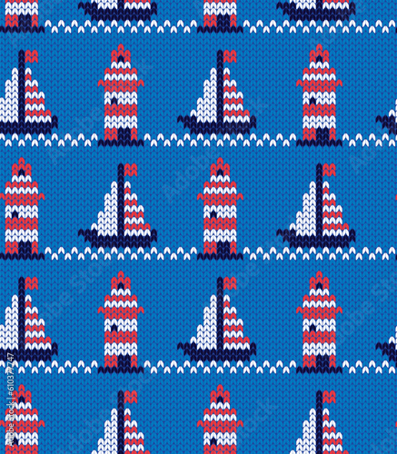 Knitted ship and lighthouse seamless pattern. Vector illustration.