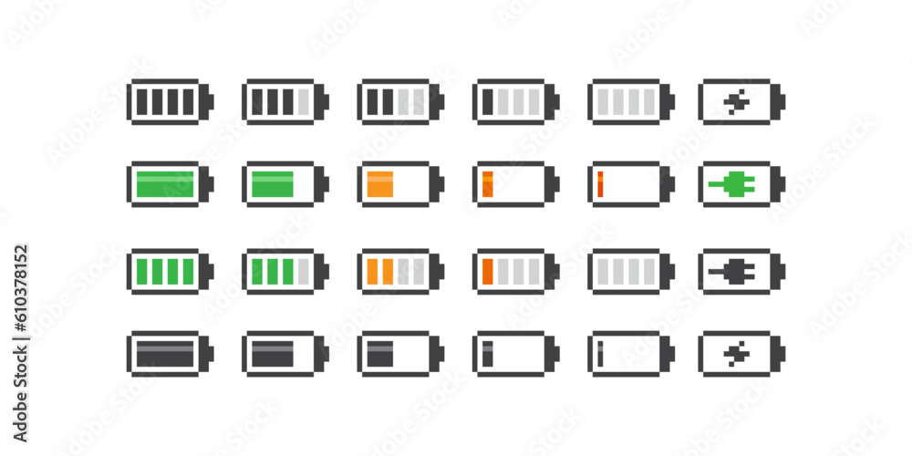Simple 8bit pixel art minimalistic set of  gadget battery level icons in retro style