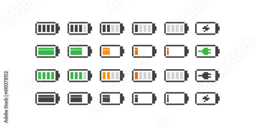 Simple 8bit pixel art minimalistic set of  gadget battery level icons in retro style