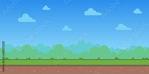 Colorful simple vector pixel art horizontal illustration of outdoor landscape background. Pixel arcade screen for game design. Game design concept in retro style