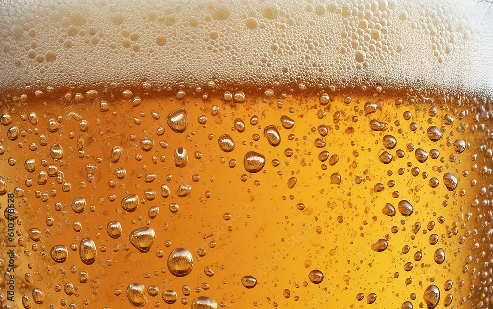 beer foam.The beer is poured into a cold glass, resulting in droplets forming on its surface. The tiny bubbles make it look incredibly delicious. Generative AI beer foam.The beer is poured into a cold glass, resulting in droplets forming on its surface. The tiny bubbles make it look incredibly delicious. Generative AI