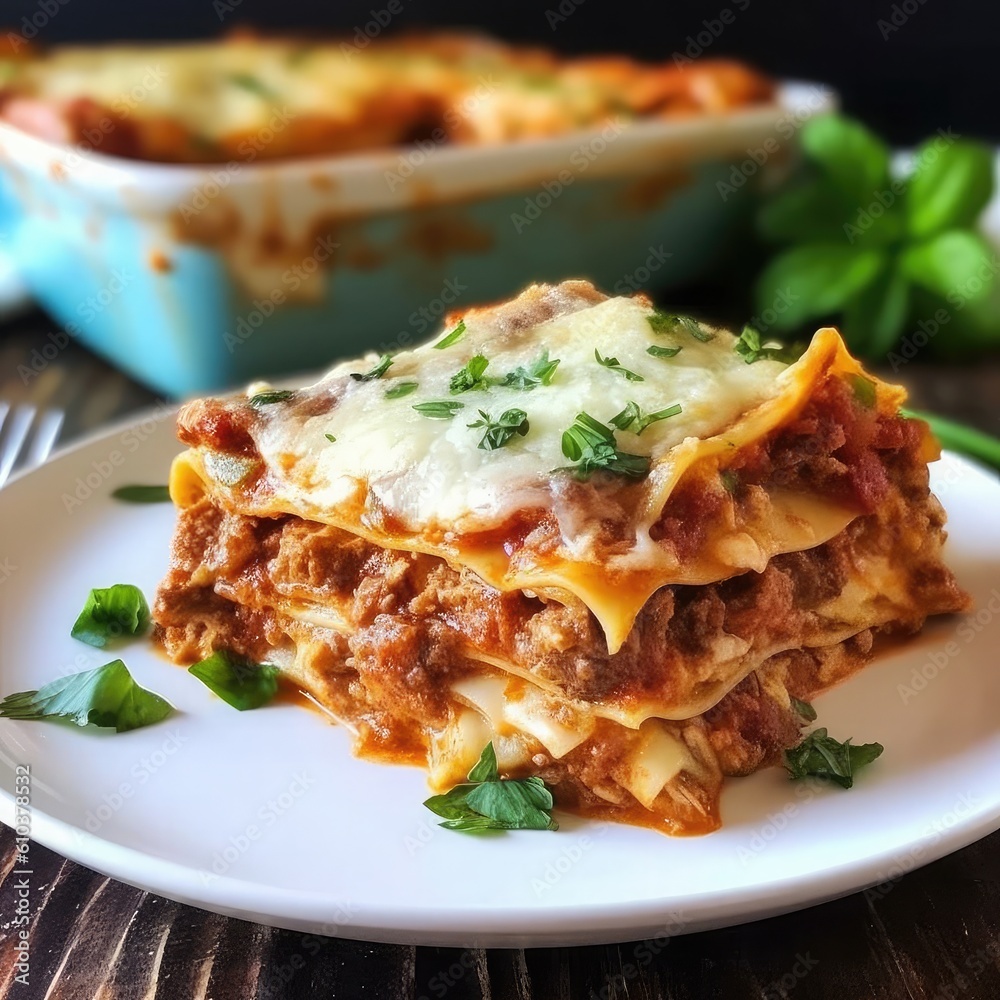 Lasagna: Layers of pasta sheets filled with meat sauce, béchamel sauce, and grated cheese, baked until golden.
