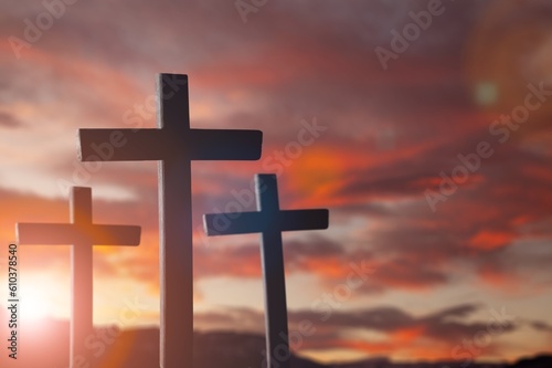 The three holy wooden crosses on sky of background