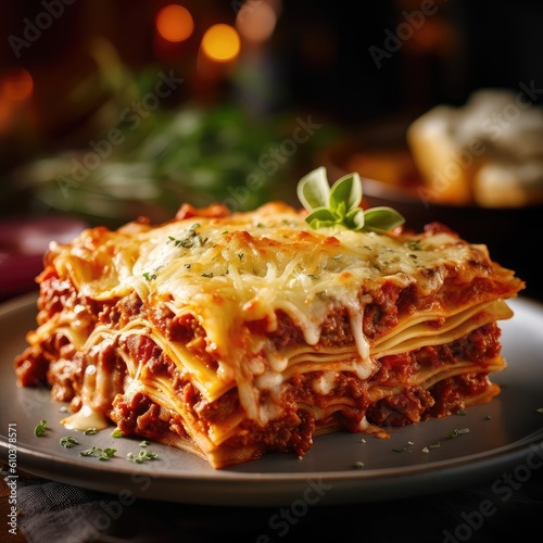 Lasagna: Layers of pasta sheets filled with meat sauce, béchamel sauce, and grated cheese, baked until golden.