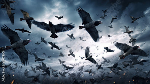 flock of angry frenzied birds flying scattered. generative ai