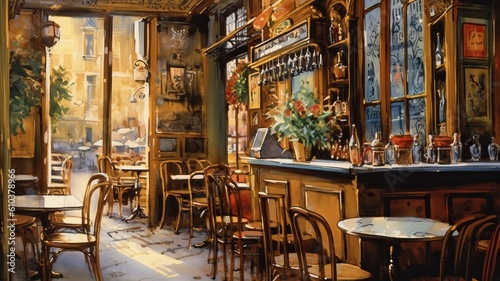 Retro charming café with terrace, Parisian style oil painting, generative ai © FrankBoston
