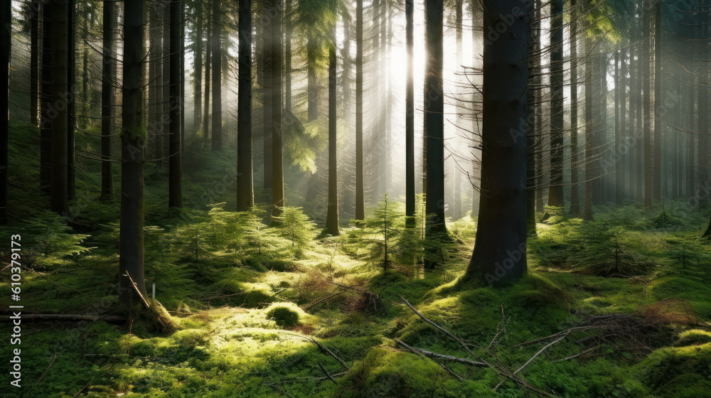 Naklejka premium forest with sun rays. nature background. generative ai