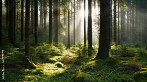 forest with sun rays. nature background. generative ai © mimadeo