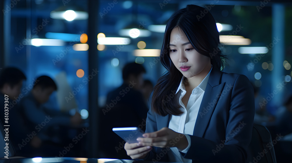 Young serious busy Asian business woman executive using mobile smartphone at night in dark office. Professional businesswoman holding smartphone, working on cellphone. Generative AI