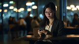 Young busy Asian business woman executive using mobile smartphone at night in a moody office. Professional businesswoman holding smartphone, working on cellphone. Generative AI