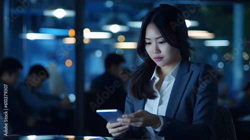 Obraz na płótnie Young serious busy Asian business woman executive using mobile smartphone at night in dark office. Professional businesswoman holding smartphone, working on cellphone. Generative AI w salonie