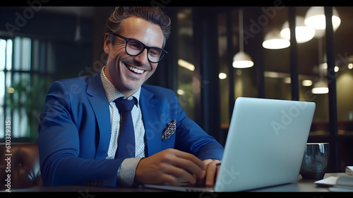 Obraz na płótnie Smiling mid aged business man ceo wearing blue suit sitting in office using laptop. Mature Businessman professional executive working at desk with laptop. Generative AI w salonie