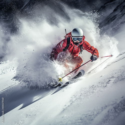 illustrazione di sport invernali estremi, sciatore con casco integrale tra gli spruzzi di neve, spazio per copy photo