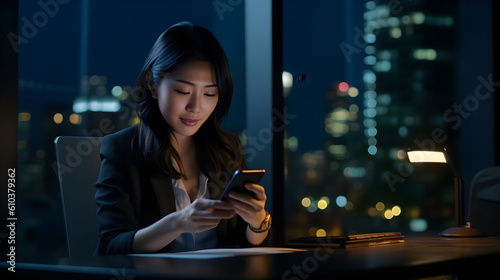 Young busy Asian business woman executive using mobile smartphone at night time office. Professional businesswoman holding smartphone, working on cellphone. Generative AI