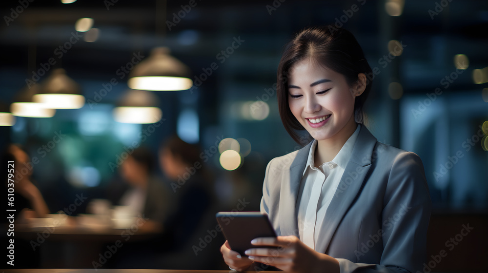 Young happy busy Asian business woman executive using mobile cell phone tech. Professional businesswoman holding smartphone, working on cellphone. Negative space on the left. Generative AI