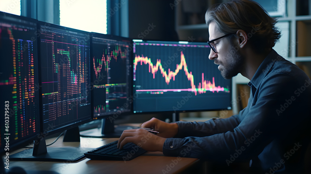 Stock market Investor analyst broker analyzing financial trade crypto stockmarket exchange platform digital chart data on computer screen thinking of investing analytic risk. Generative AI Stock market Investor analyst broker analyzing financial trade crypto stockmarket exchange platform digital chart data on computer screen thinking of investing analytic risk. Generative AI