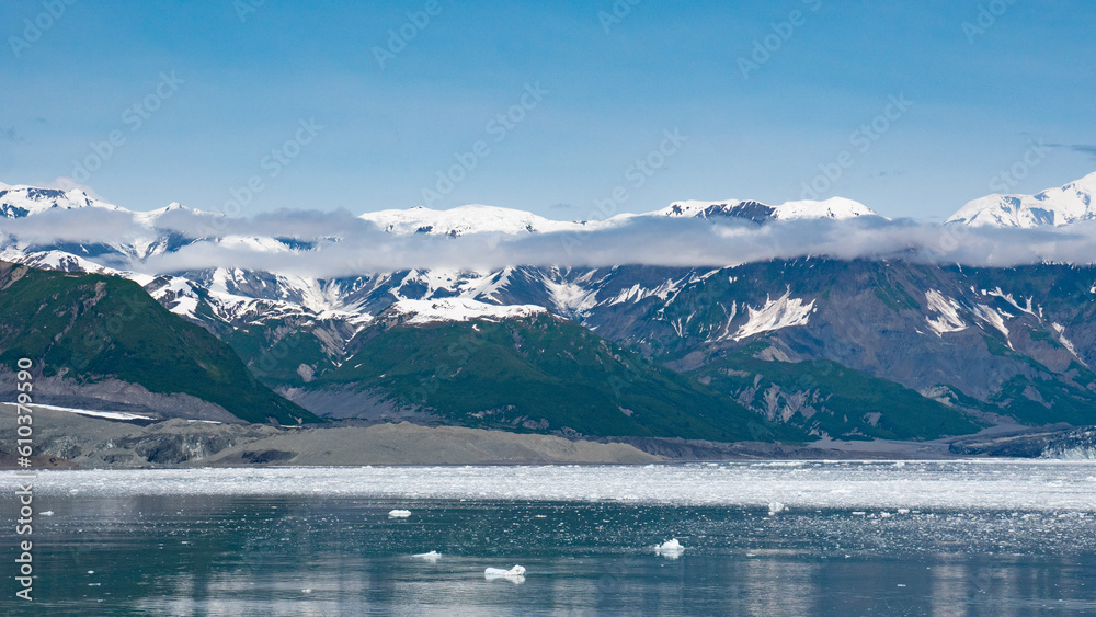 Incredible Hubbard Glacier nature in Alaska, USA. Mountain glacier calving and ice
