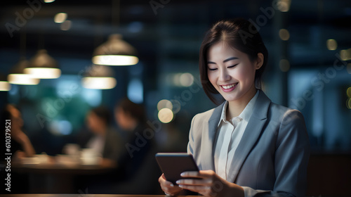 Young happy busy Asian business woman executive using mobile cell phone tech. Professional businesswoman holding smartphone, working on cellphone. Negative space on the left. Generative AI