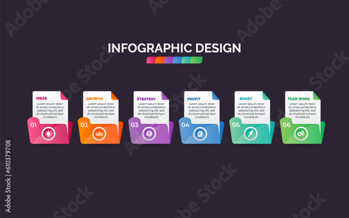 Creative infographic visualization and business icons. Concept with 6 options, steps, process for presentation, layout, diagram chart, anual report. Vector illustration
