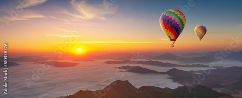 Colorful hot air balloons flying over mountain misty morning sunrise
