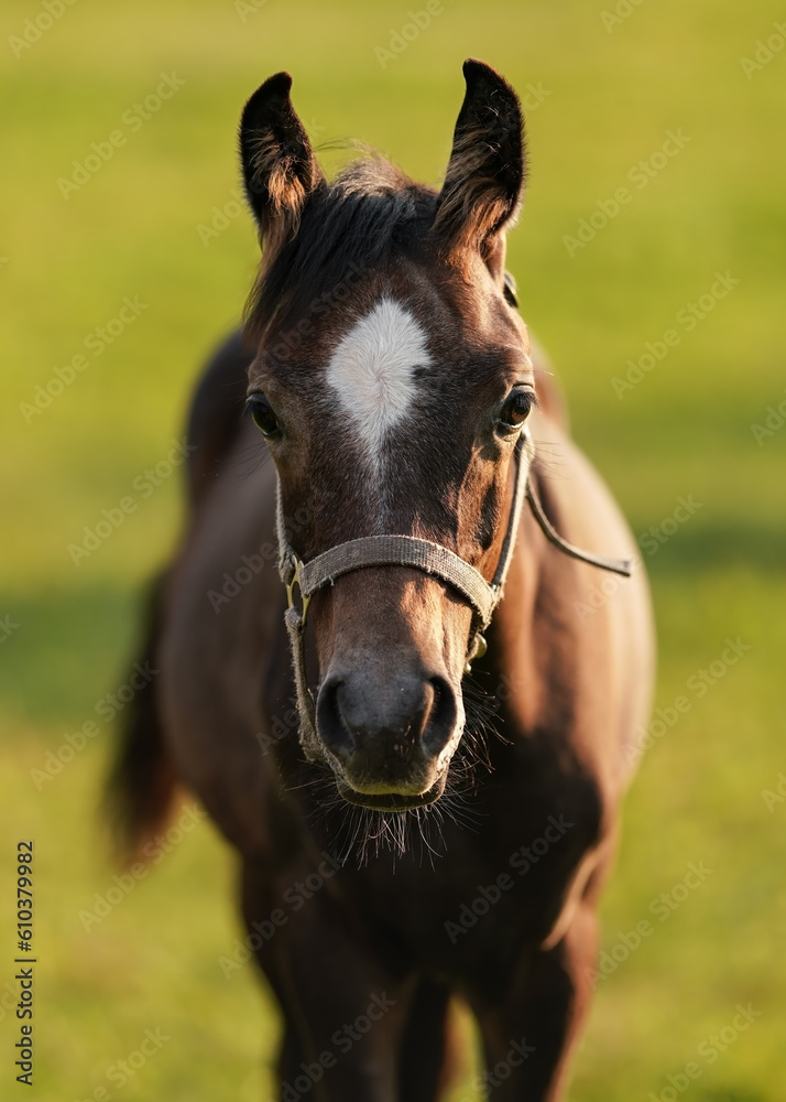 Young dark brown Arabian horse foal, closeup detail to head from front, blurred green field background