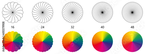 Colour palette wheel shaped like flower rosette. Version with 16 to 48 leaves