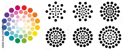 Set of small circles sunburst or star radiating from centre forming one larger round object, version with 5 to 10 rays