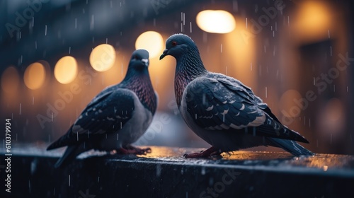 selective focus of pigeons on a ledge of a building in a city on a rainy day with blurred background - pigeon plague in our cities - generative AI #610379934