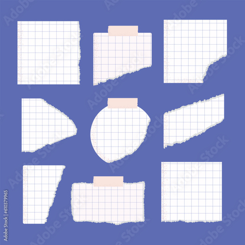 Set of torn, ripped white lined, scetchbook, math note, notebook paper pieces vector illustrations