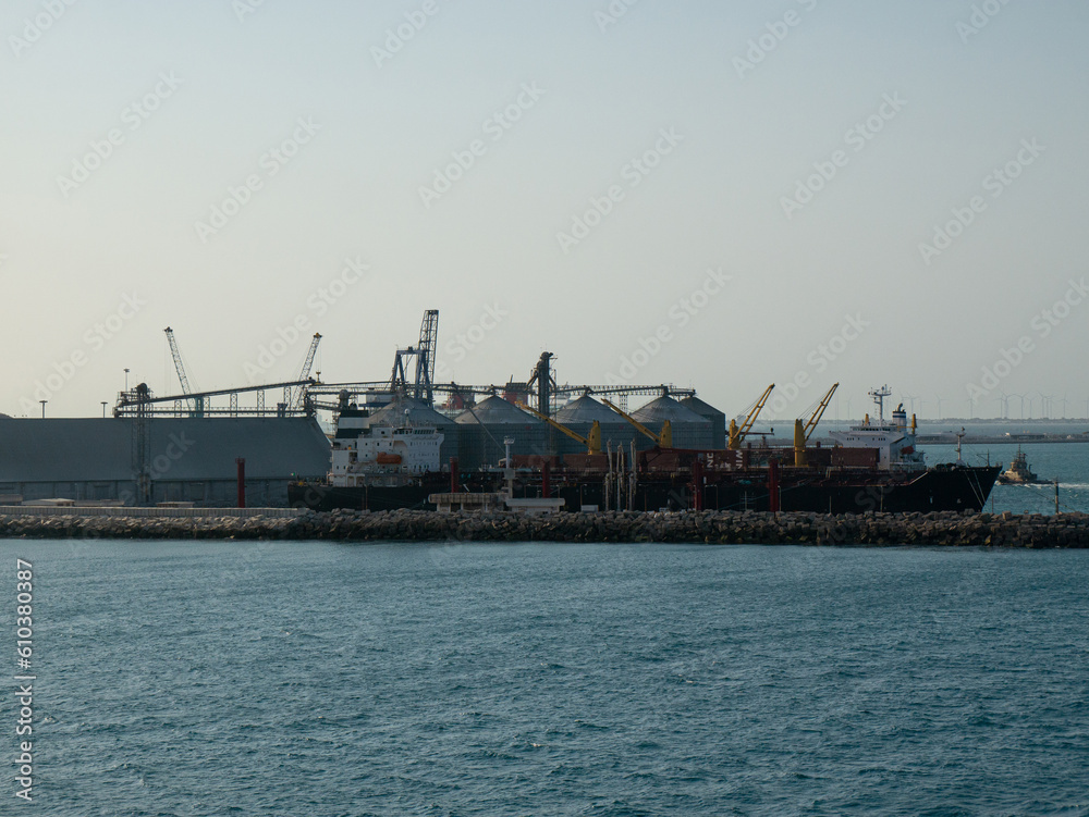 Two bulk carrier have cargo operations in port Progreso, Mexico by shore cranes near elevator