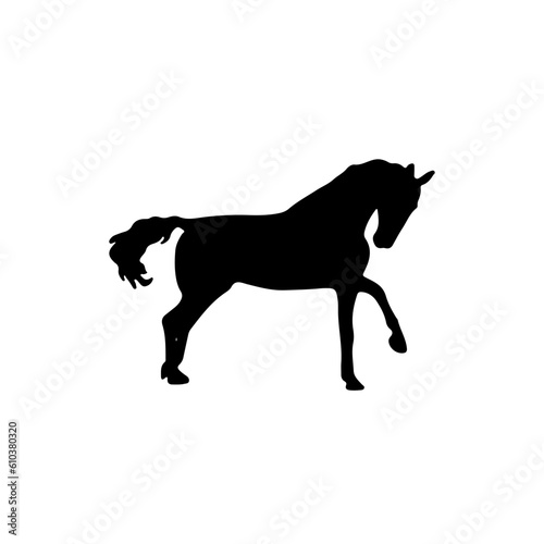Horse stand with one hoof. Black silhouette of stallion. Mammal animal pose like in wild nature. Graphic vector element about mustang. Domestic farm logo