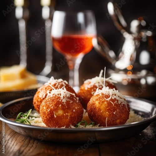 Crispy arancini - balls of rice and cheese, in a crispy shell and sauce.