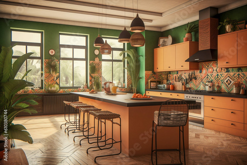 Cozy kitchen with table and chairs. Orange  green and black colors. African eco interior design. Super photo realistic background  generative ai illustrarion