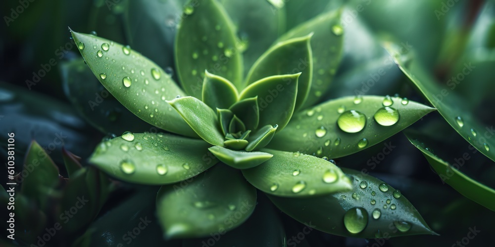 AI Generated. AI Generative. Green tropic exotic plant flower leaf succulent with water rain drop illustration photo. Graphic Art