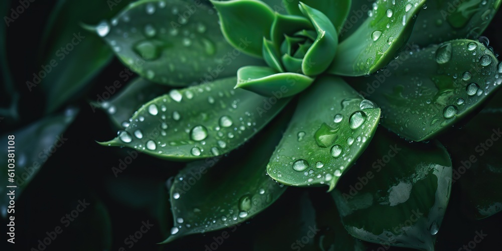AI Generated. AI Generative. Green tropic exotic plant flower leaf succulent with water rain drop illustration photo. Graphic Art AI Generated. AI Generative. Green tropic exotic plant flower leaf succulent with water rain drop illustration photo. Graphic Art