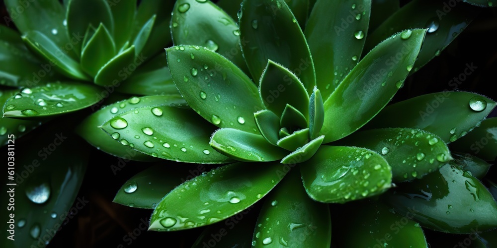 Fototapeta premium AI Generated. AI Generative. Green tropic exotic plant flower leaf succulent with water rain drop illustration photo. Graphic Art