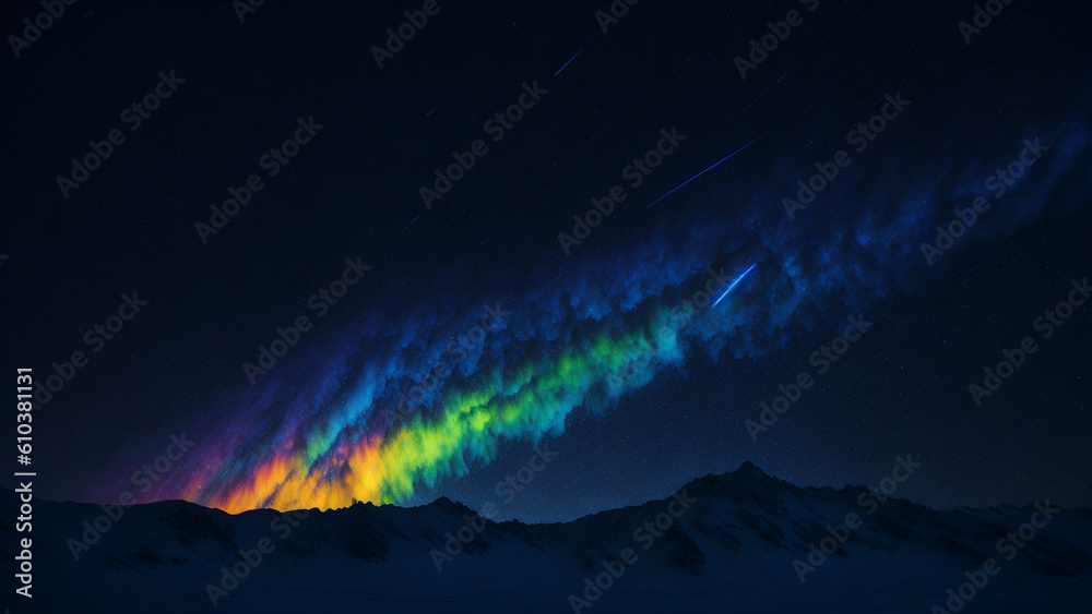 Beautiful colored nebulae with shooting stars in the sky above the dark blue mountains