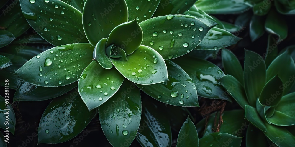 Obraz premium AI Generated. AI Generative. Green tropic exotic plant flower leaf succulent with water rain drop illustration photo. Graphic Art