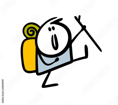 Cheerful tourist with a backpack and a sleeping bag is cheerfully walking on a hike. Vector illustration of traveler.