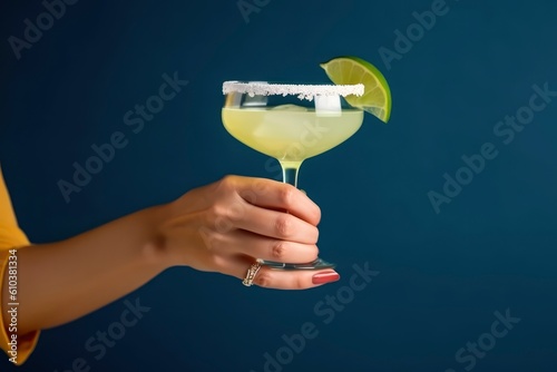Female hand holding margarita cocktail with lime on dark blue background. Generative AI