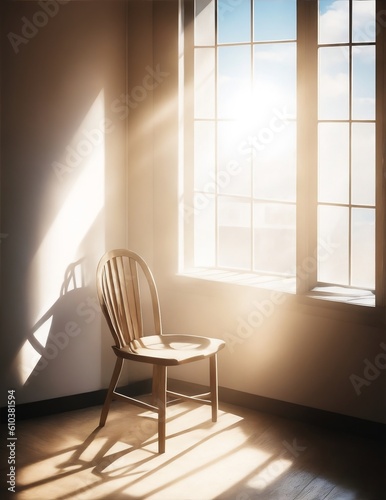 illustration of sunlight coming from big window on single chair in an empty room