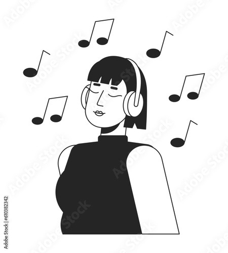Asian girl enjoying music beats bw vector spot illustration. Headphones young woman 2D cartoon flat line monochromatic character for web UI design. Melomaniac editable isolated outline hero image